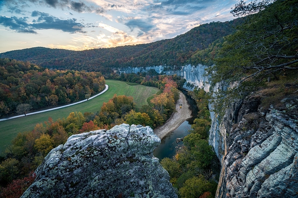 Scenic view of a river and autumn foliage.