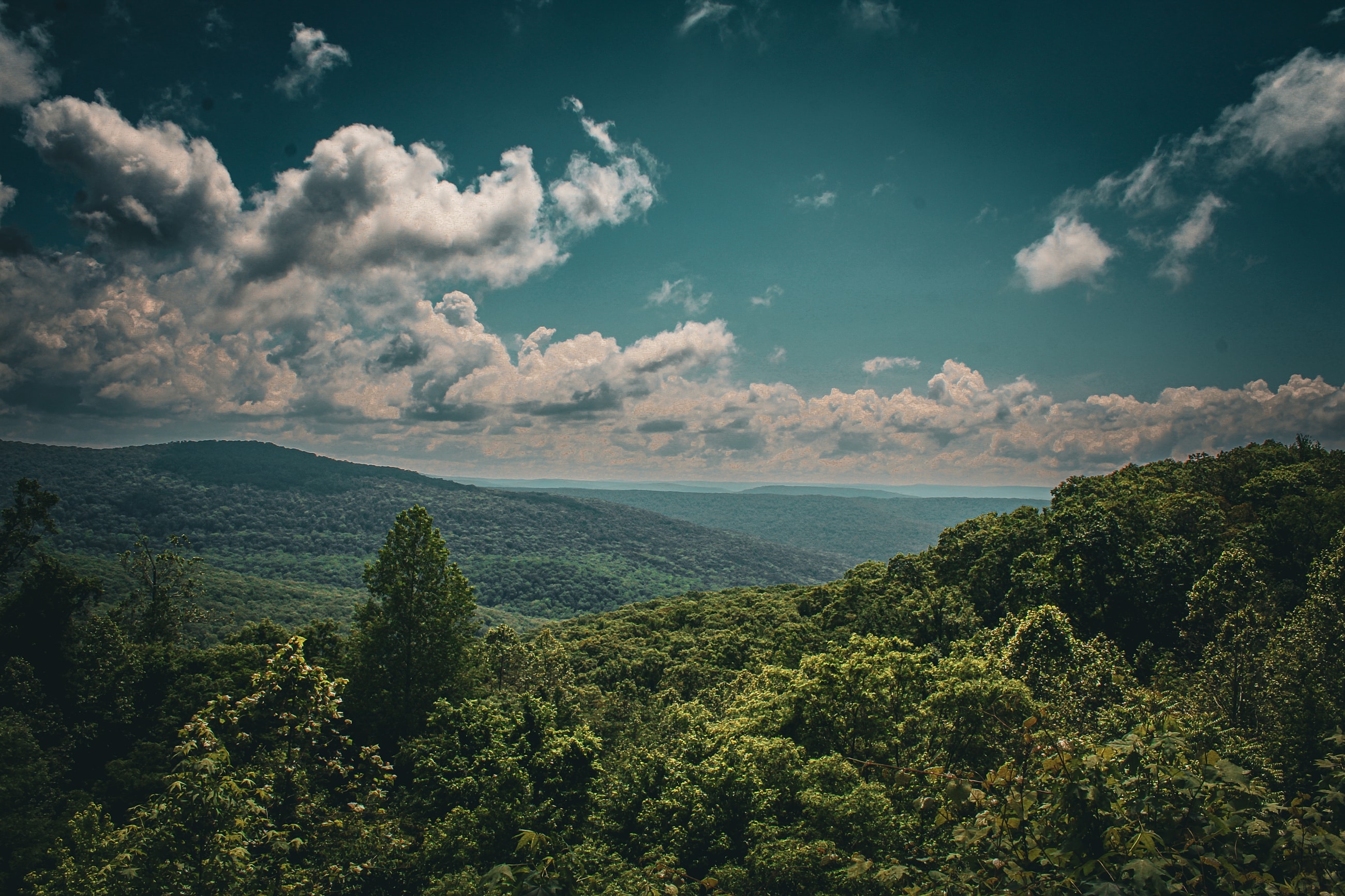 Lush green landscape under a dramatic sky.